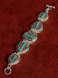 Schakelarmband Tibet, turkoois en bamboekoraal